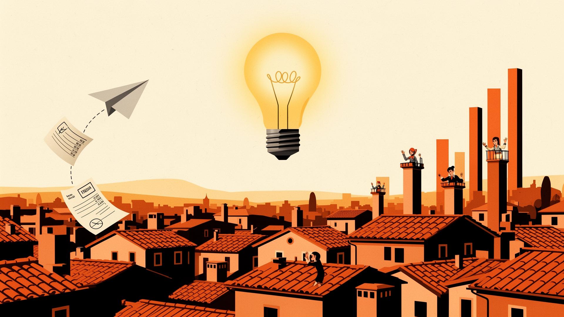 Illustrazione editoriale: tetti italiani con una lampadina che brilla come il sole